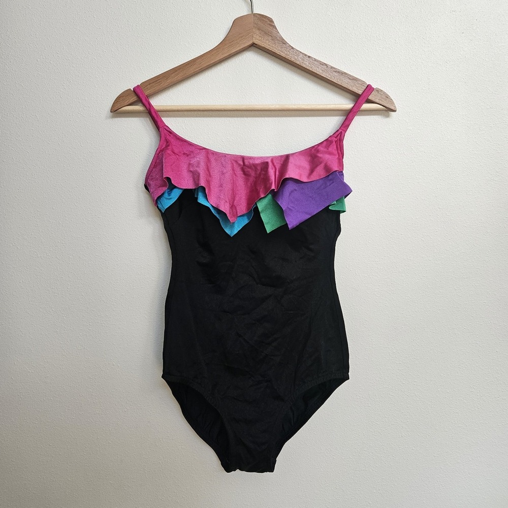 VTG 90s Sirena High Cut Leg One piece Swimsuit Sz XS Color Block Ruffle